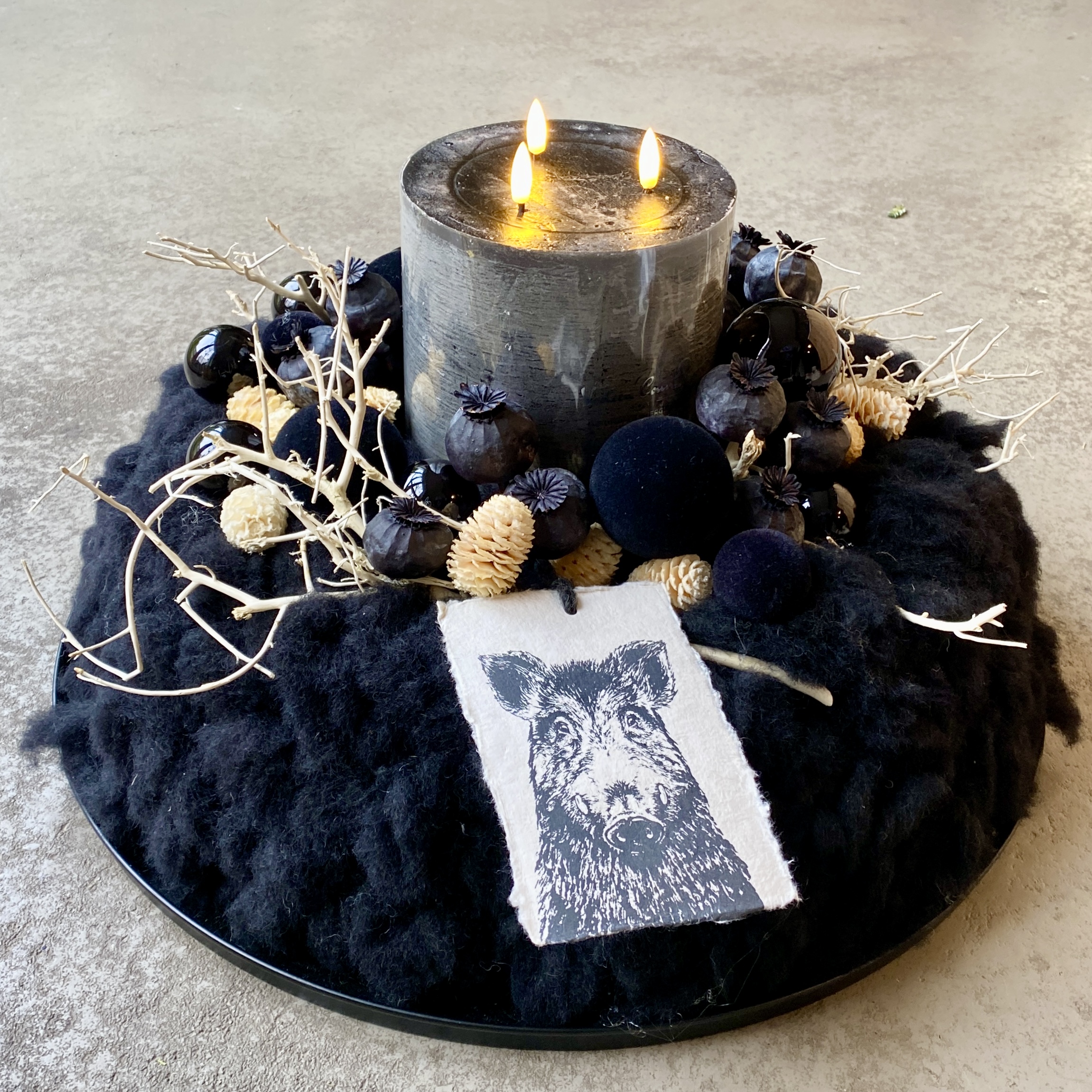 Kranz "Winterwolke" mit Kunstdruck Keiler 50cm, schwarz