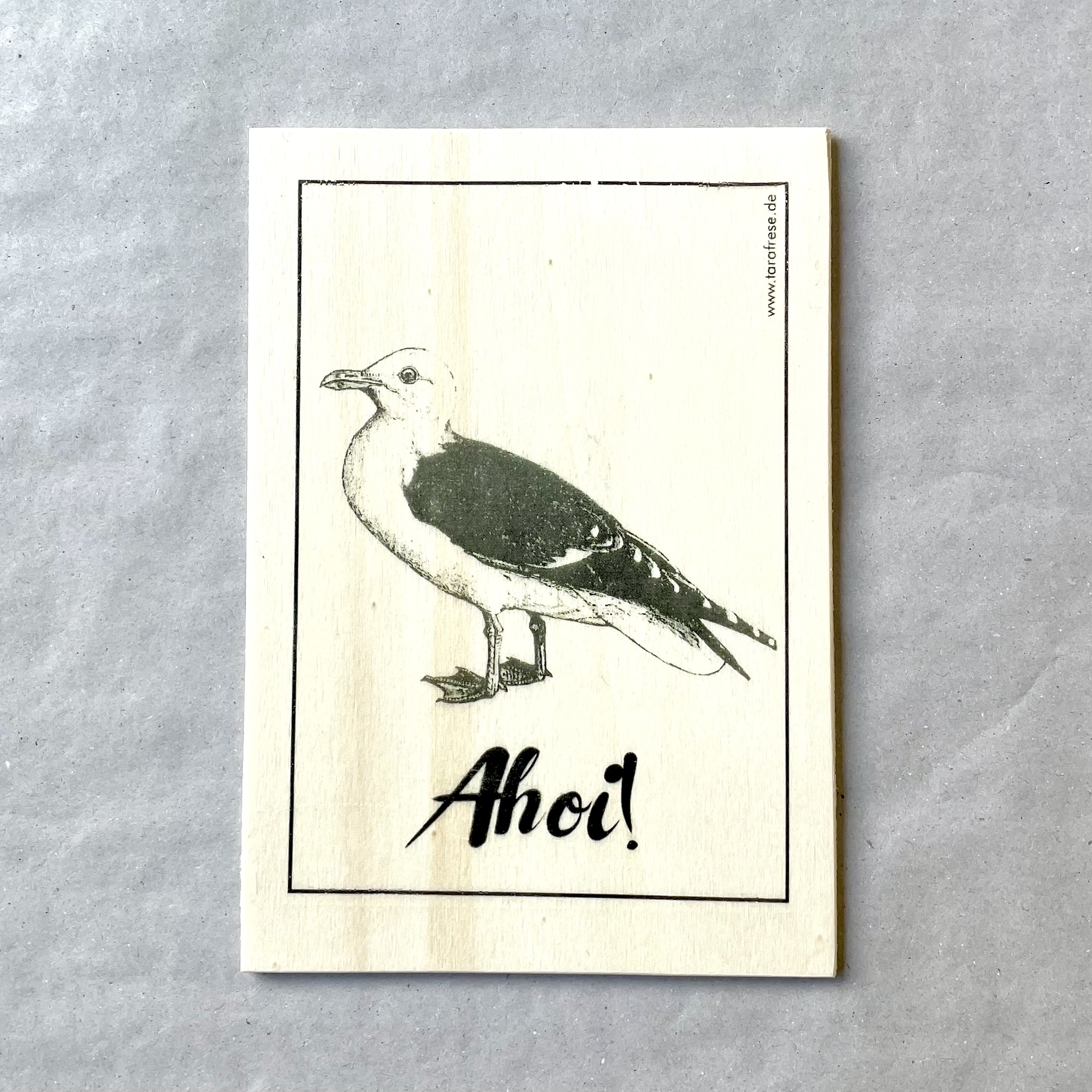 Holzbild/Postkarte "Möwe Ahoi" natur/schwarz 10x15cm