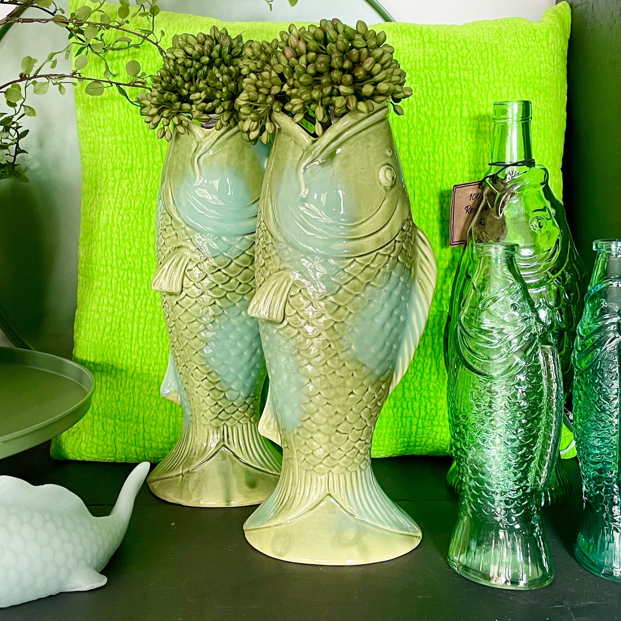 Keramik-Vase "Fisch Cara" H33cm, grün/türkis