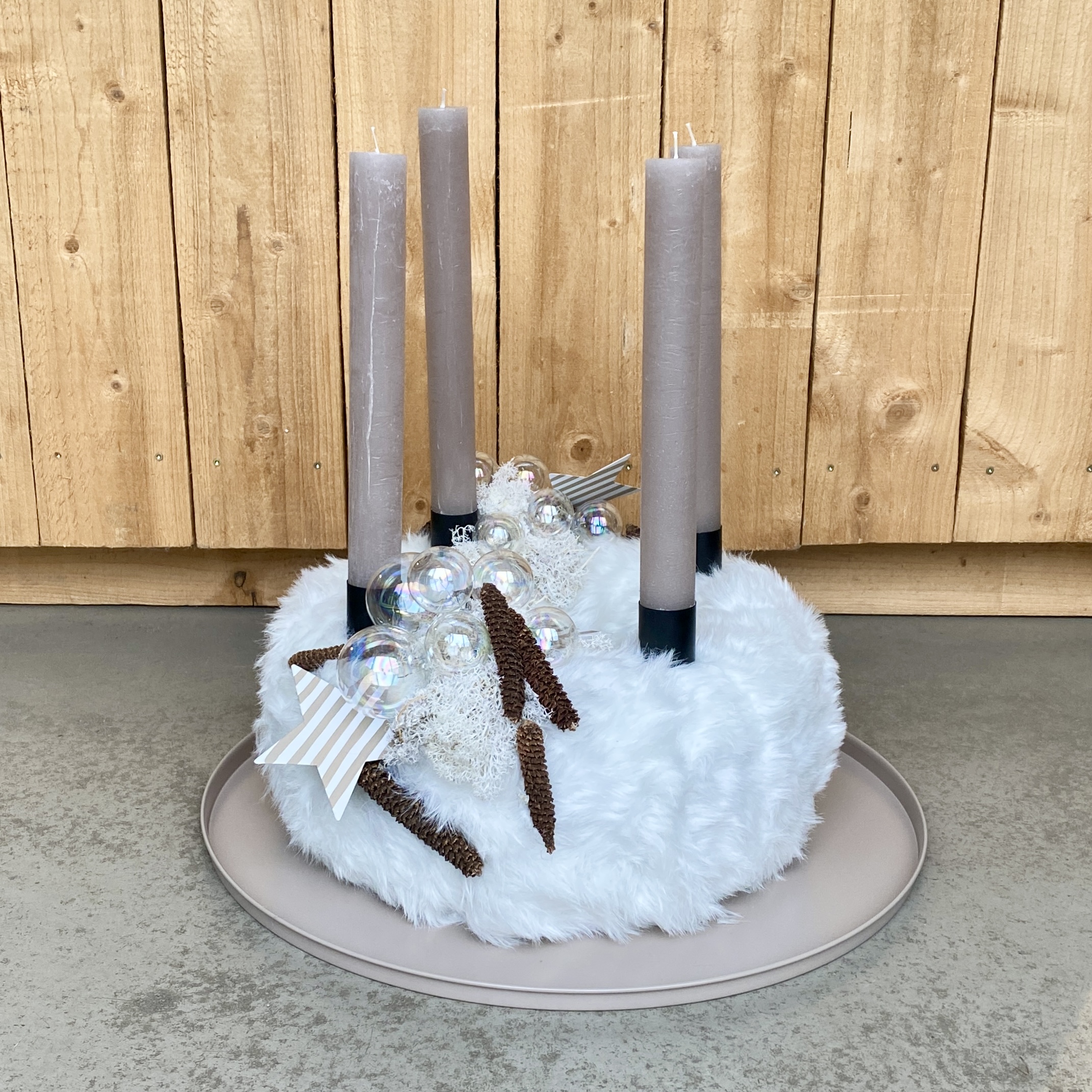 Adventskranz "Streifensterne" mit vier Kerzen D40cm, weiß/taupe/natur/klar