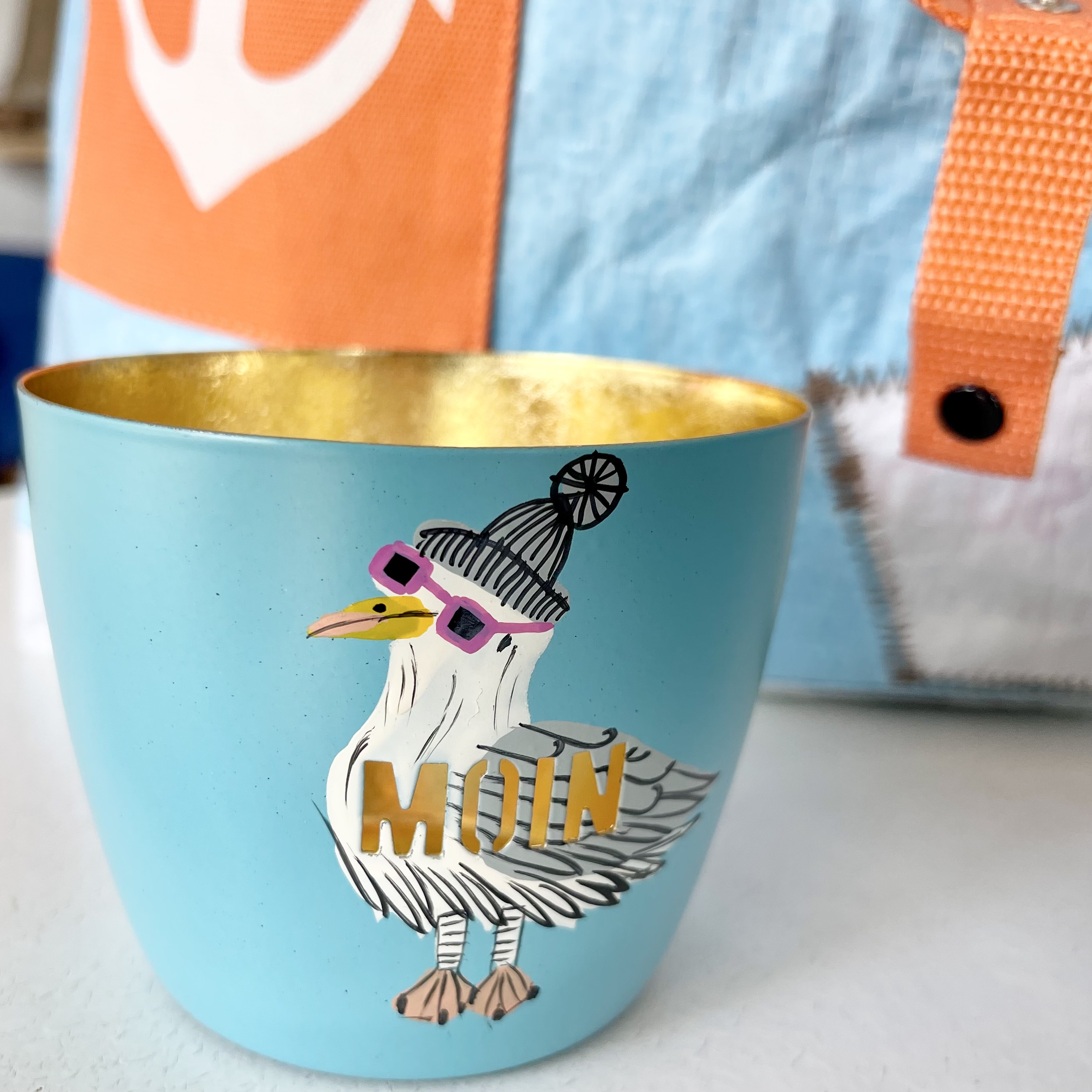 Madras, Windlicht, M, Motiv:Moin, türkis/gold