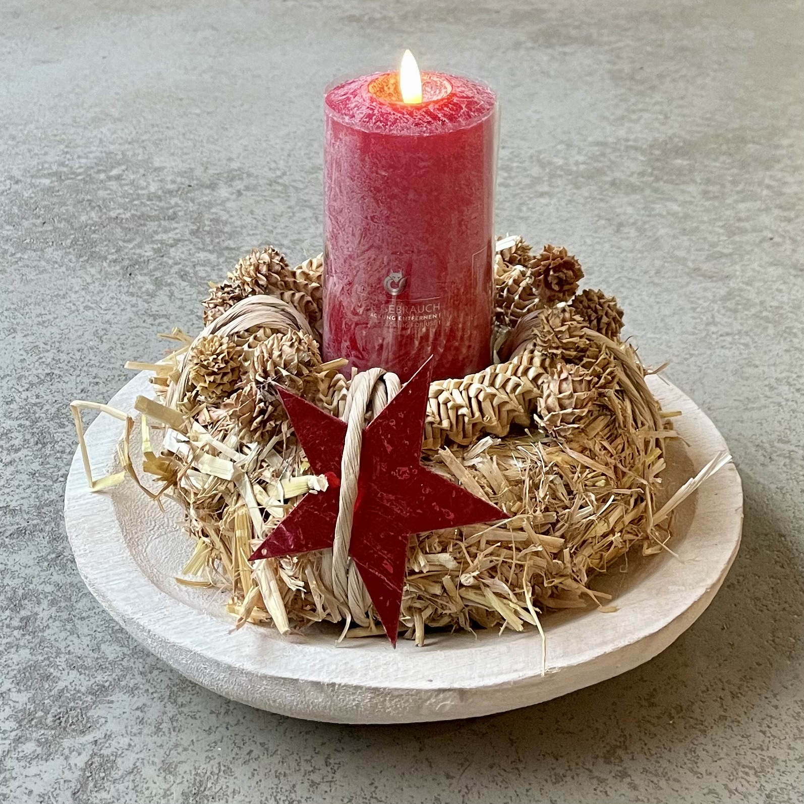 Adventschale "ROTER STERN" mit LED-Kerze D29cm, natur/rot