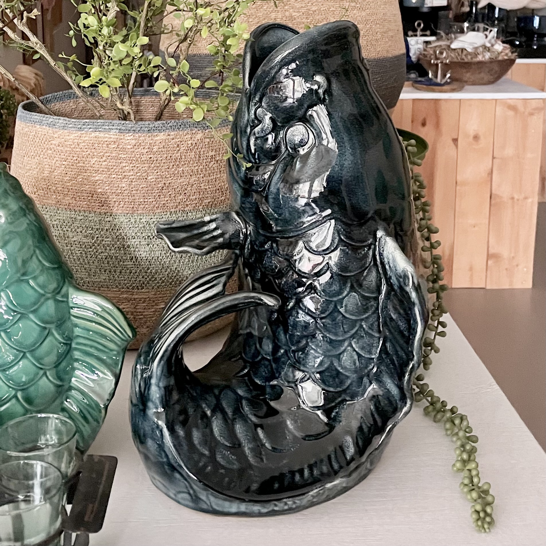 Keramik-Vase "Lucky Fish" blau, H44cm