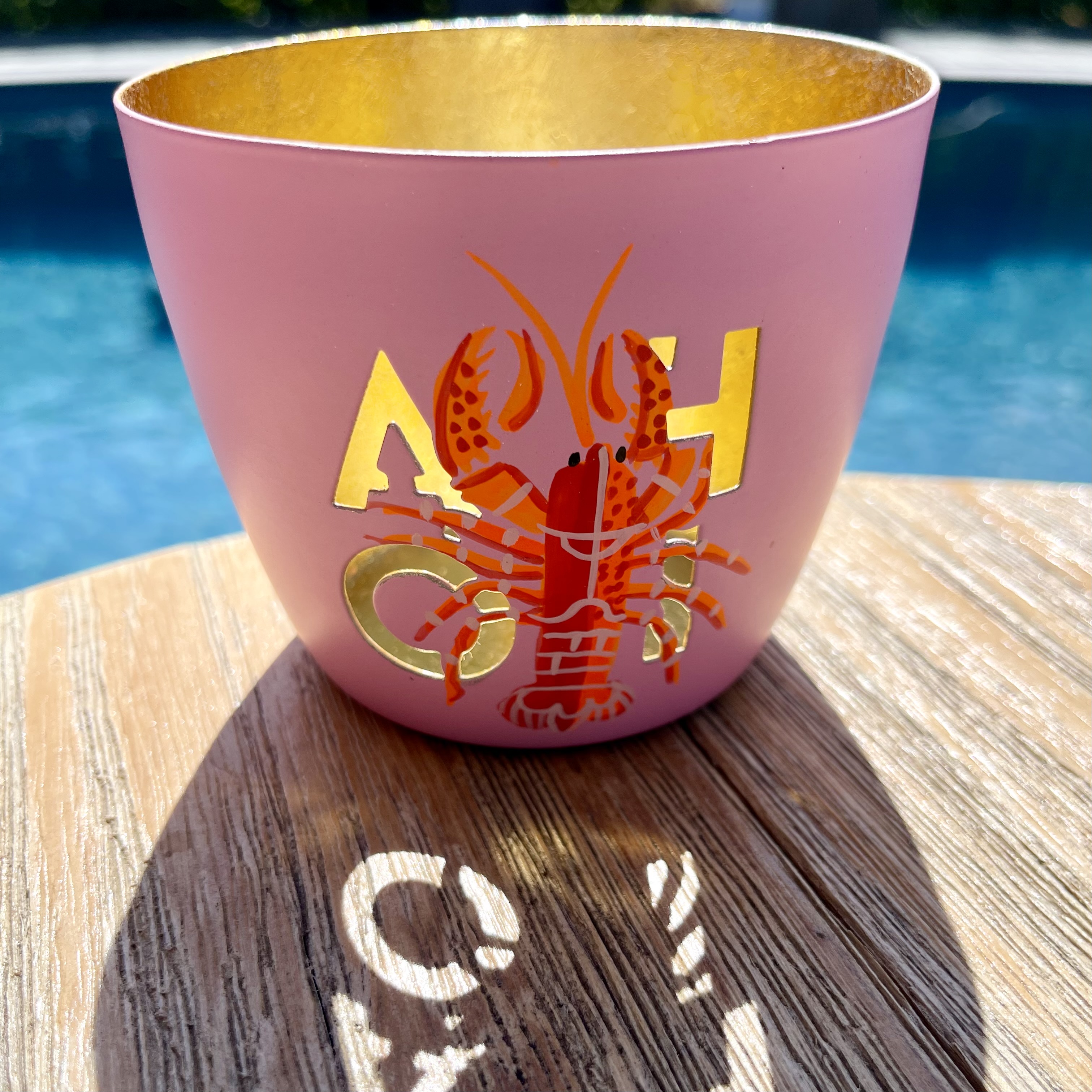 Madras, Windlicht, M, Motiv:Ahoi/Hummer, rosa/gold