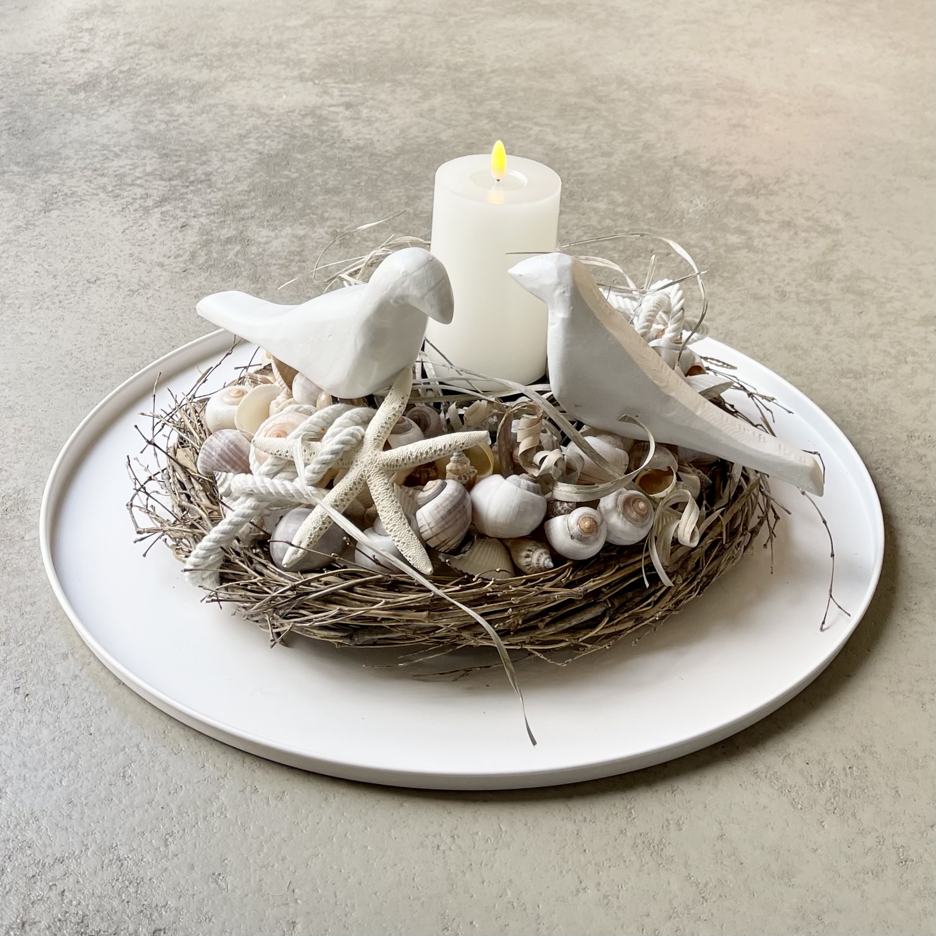 Sommerkranz "Vogelnest" mit LED-Kerze D50cm, weiß/natur