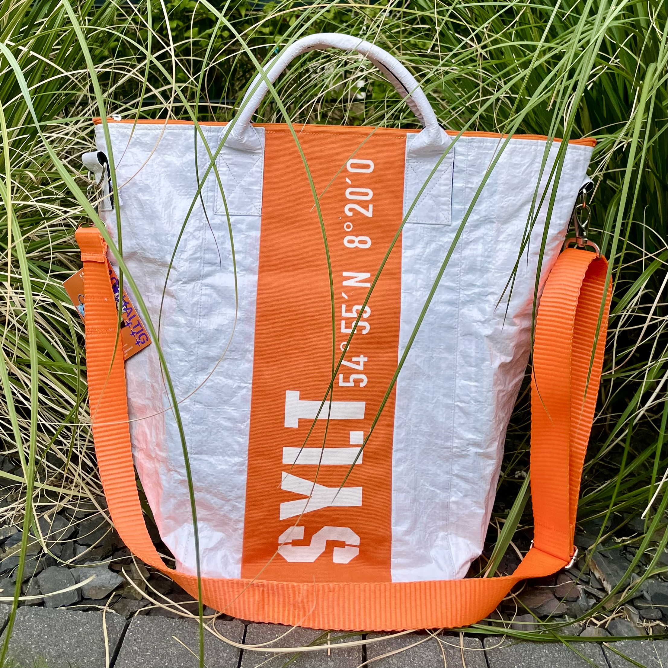 BB Spacy kompakt Tasche "SYLT/Octopus" weiß/orange H45cm mit Zipper & Gurt