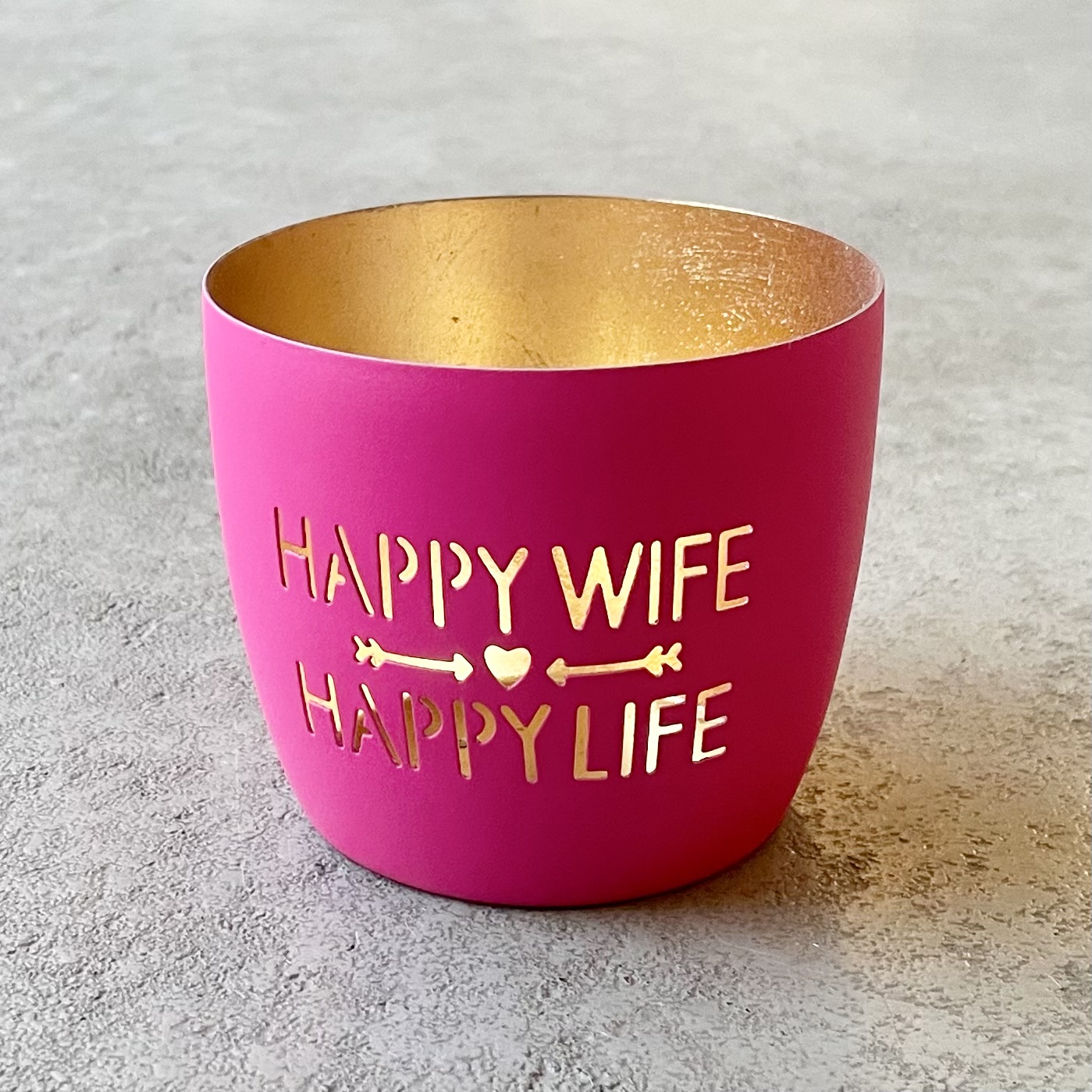 Windlicht "HAPPY WIFE, HAPPY LIFE" H8,5cm, pink/gold