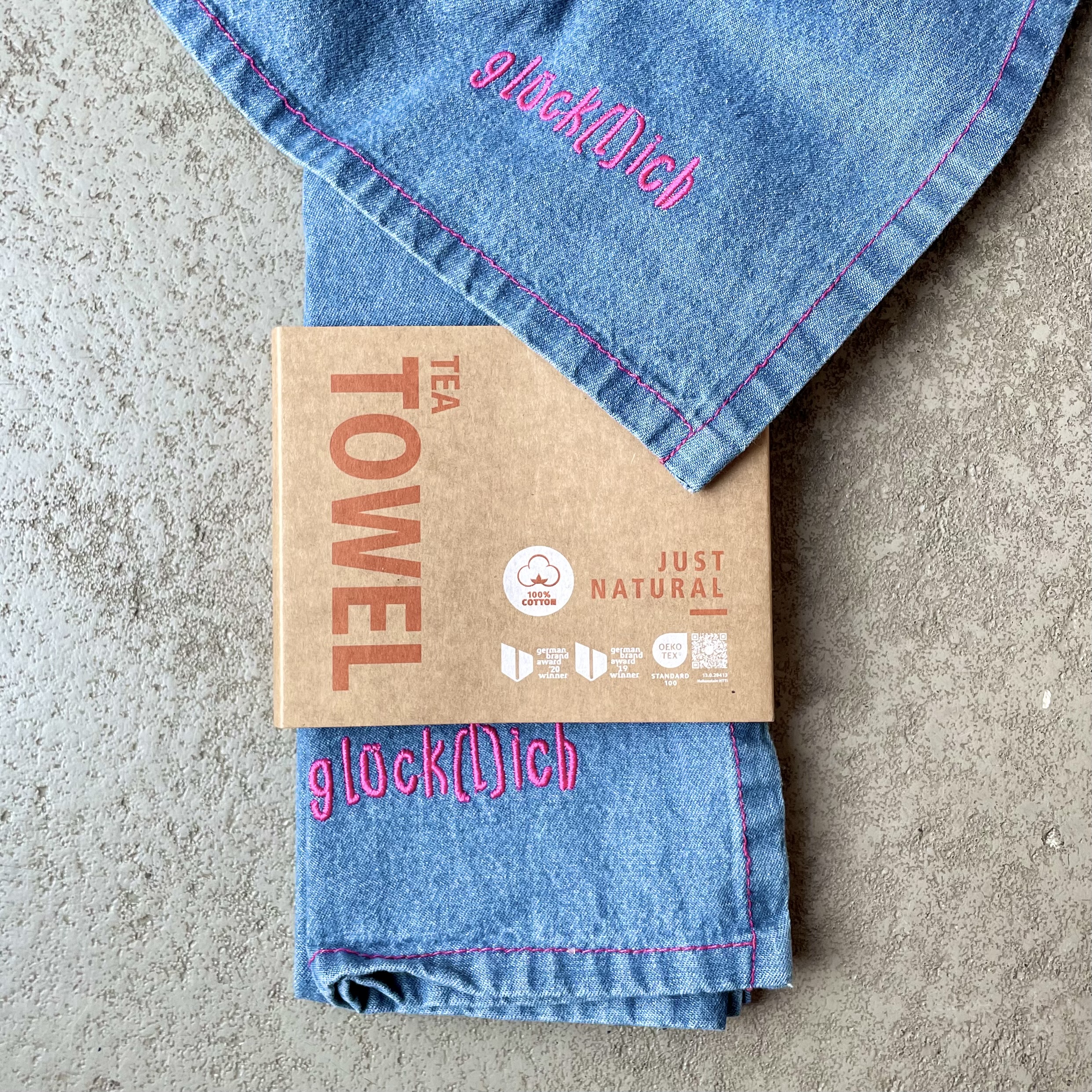 Küchentuch "glück(l)ich" 2er-Pack, 50x70cm, Denim/pink