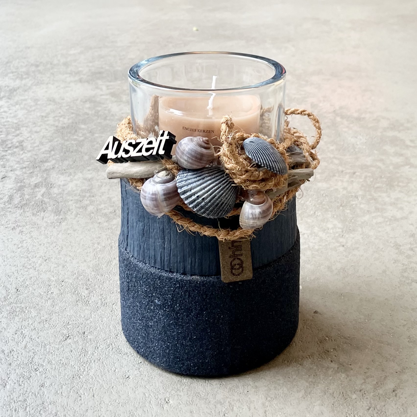 OOhh-Topf mit Windlicht "Auszeit" sommerlich dekoriert D16cm, nachtblau/natur/sand