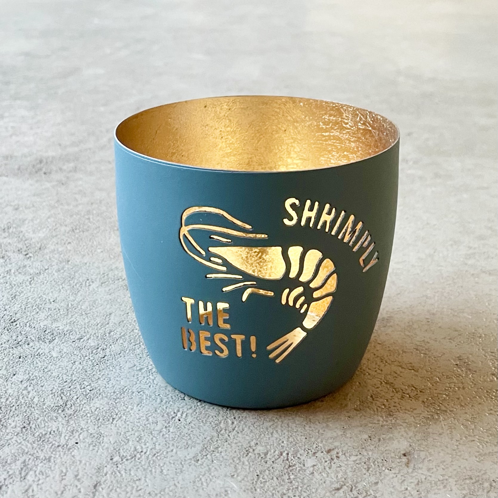 Windlicht "SHRIMPLY THE BEST" H8,5cm, powder blue/gold