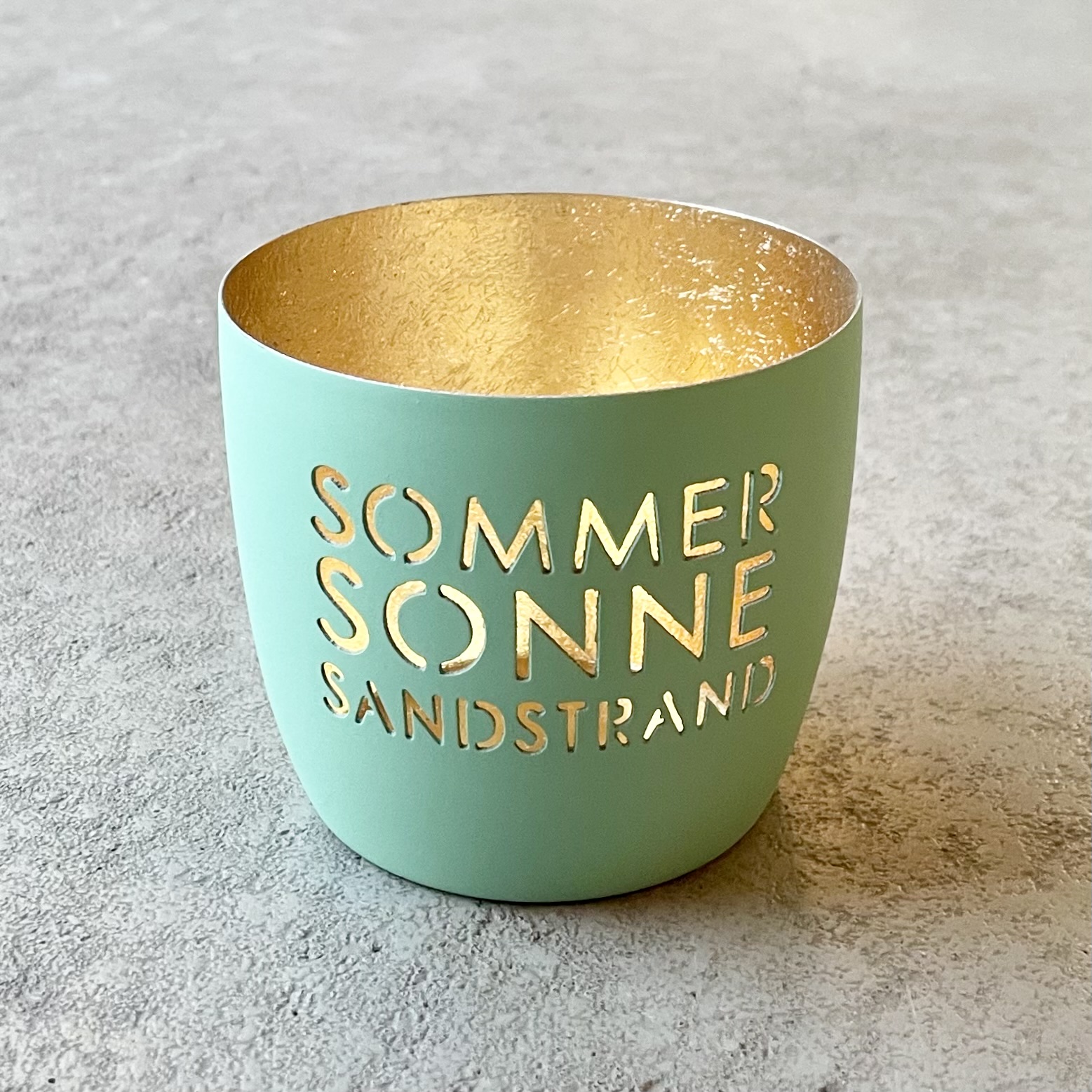 Windlicht "SOMMER, SONNE, SANDSTRAND" H8,5cm, aqua/gold